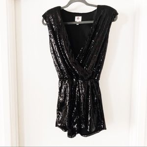 crimson & clover | black sequined faux wrap romper